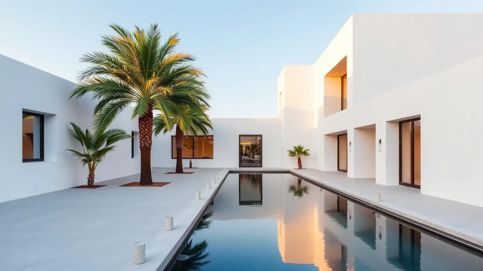 A modern luxury clinic exterior in Mexico with a reflecting pool at golden hour.