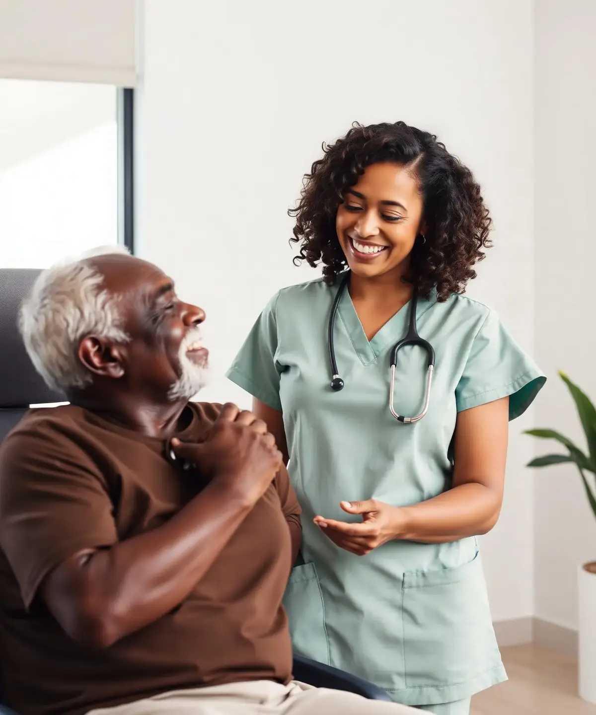 A nurse explains the program to a patient in a sunlit consultation room.